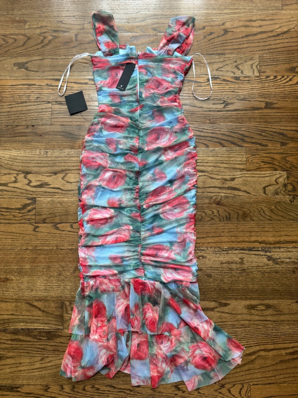 Lulus Ruched Mesh Floral Midi Dress Mermaid Hem Cutout Size S NWT - Picture 2 of 6